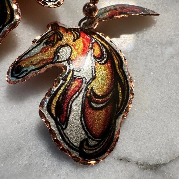 Handmade Boho Copper Feather Estuarian Horse‎ Wire Drop Earrings, Gift Box - Picture 4 of 9